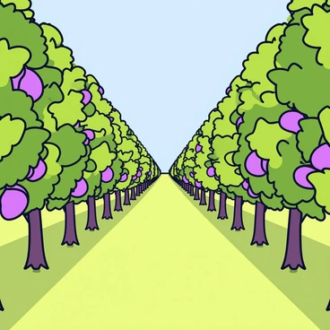 An expansive orchard filled with rows of fig trees. The trees are lush and green, each adorned with broad leaves and clusters of ripe figs hanging from the branches. The ground between the rows is covered with soft grass, and the sun casts dappled light through the foliage. In the distance, a clear blue sky can be seen, enhancing the vibrant colors of the orchard.