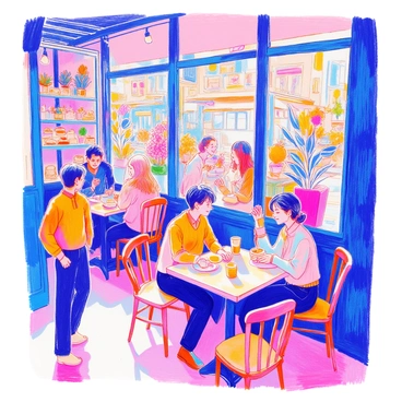 A bustling café is filled with various people engaged in conversation and enjoying their drinks. Tables are occupied by groups of friends laughing, a couple sharing a dessert, and a person typing on a laptop. The interior features wooden furniture and large windows that let in natural light. Outside, a person stands on the sidewalk, peering through the glass, observing the lively atmosphere inside. The café has shelves lined with pastries and plants decorating the corners, adding vibrancy to the scene.
