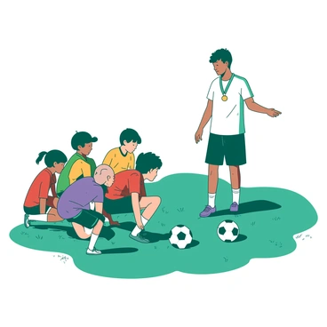 A teal coach is demonstrating dribbling techniques to a group of young players on a grassy field. The coach is wearing a white sports uniform and has a whistle around their neck. In front of the coach, several young players, dressed in colorful jerseys, are keenly observing the demonstration. Some players are crouched down, ready to practice, while others are standing with soccer balls at their feet. The sun is shining, casting shadows on the field, creating an energetic atmosphere for practice.