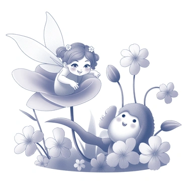 A small fairy with delicate wings is hiding among large flower petals. The fairy has a playful expression, with a wide smile as she peeks out from behind a vibrant petal. Her hair is flowing, and she is adorned with tiny floral accessories. Nearby, a surprised friend stands amidst the flowers, looking in the fairy's direction with wide eyes and a joyful expression. Various flowers surround them, creating a lush, vibrant garden scene filled with petals and greenery.