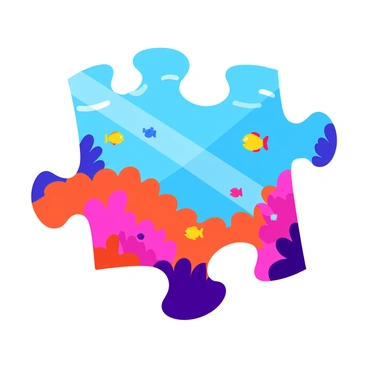 A jigsaw puzzle piece with an underwater scene featuring a vibrant coral reef. The coral is in various shades of pink, orange, and purple, creating a rich backdrop. Small, colorful fish in shades of yellow, blue, and red swim playfully among the puzzle pieces. Sunlight filters through the water, creating dappled light patterns across the reef. Some pieces of the puzzle are slightly ajar, revealing more of the lively underwater ecosystem.