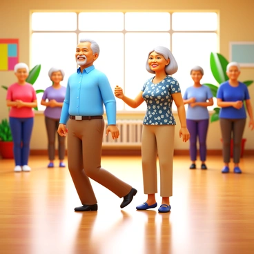An elderly couple performing gentle heel taps in a brightly lit community center. The man is wearing a light blue shirt and khaki pants, while the woman is dressed in a floral blouse and beige trousers. They are smiling at each other, surrounded by a diverse group of other seniors participating in a fitness activity. The flooring is polished wood, and there are colorful banners and plants in the background, creating a lively atmosphere. The couple's feet are lifted slightly off the ground, showcasing their coordinated movement.