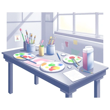 A wooden table is filled with various art supplies. There are multiple paintbrushes of different sizes scattered across the surface, some resting upright in a jar. Tubes of paint, mostly in squeezed positions, are positioned haphazardly alongside an assortment of colorful palettes smeared with paint. Sheets of paper, some blank and others covered with sketches and vibrant colors, lie in disarray. A few pencils, erasers, and a ruler are scattered amongst the art materials. In the background, there are classroom walls adorned with children's artwork and a large window allowing natural light to stream into the space, illuminating the supplies on the table.