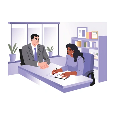 A lawyer and a client are seated at a sleek, glass desk in a modern office. The lawyer is on the left, a middle-aged man with short black hair, wearing a tailored gray suit and a blue tie. He has a focused expression, looking directly at the client. The client, a young woman with medium skin and long curly hair, is on the right, wearing a casual blue blouse. She appears engaged, leaning slightly forward and holding a notepad and pen in her hands. Behind them, there are large windows allowing bright natural light to fill the room, and a few potted plants are positioned near the windows to add a touch of greenery. A bookshelf filled with legal books is visible in the background, along with a framed certificate hanging on the wall.