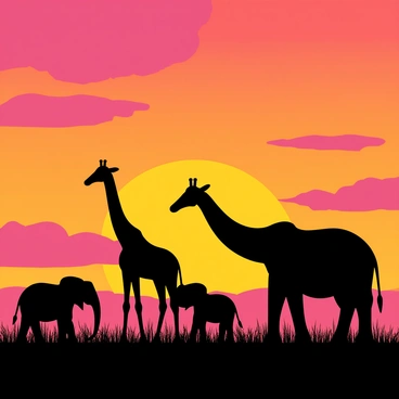 Silhouettes of giraffes with long necks and elephants with large ears stand against the backdrop of a vibrant sunset. The sky is filled with rich hues of orange, pink, and purple blending together. In the foreground, the distinctive shapes of the giraffes and elephants create a striking contrast against the colorful sky. The savanna grass sways gently in the breeze, completing the serene landscape.