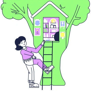 Tracy Beaker is climbing up a wooden ladder leading to a treehouse nestled high in the branches of a large tree. The treehouse has a small entrance at the front, where several colorful drawings are pinned to the walls outside. Inside the treehouse, shelves are filled with books of various sizes, some stacked on each other and others neatly arranged. Sunlight filters through the small windows, casting patterns on the wooden floor. Tracy, wearing a casual outfit, has a determined expression on her face as she reaches for the next rung of the ladder.