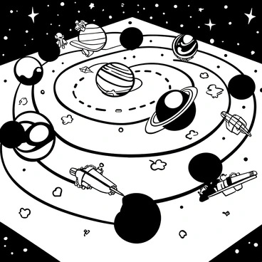 A tabletop board game featuring a detailed game board with various planet illustrations in different sizes and shapes, each representing different celestial bodies. The game pieces include sleek, futuristic spaceships of various designs arranged on the board, with some hovering over planets. The background is filled with scattered stars, creating a vast galaxy effect that enhances the theme of space exploration.