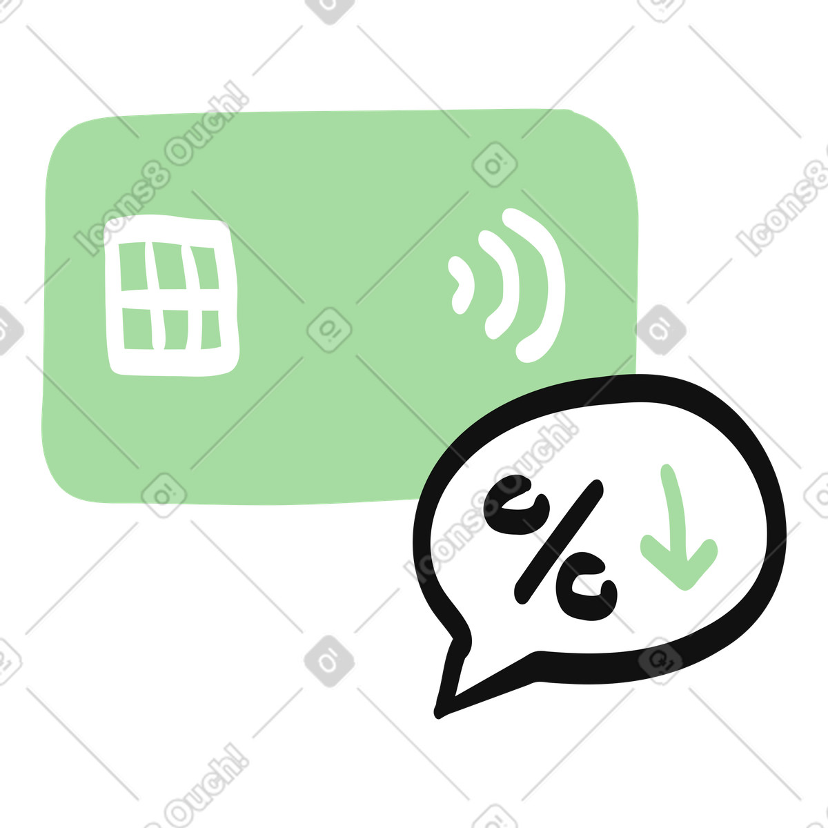 下载 Organic 风格的 Credit card contactless payment with discount percentage arrow speech bubble 插画，支持 PNG、SVG 格式