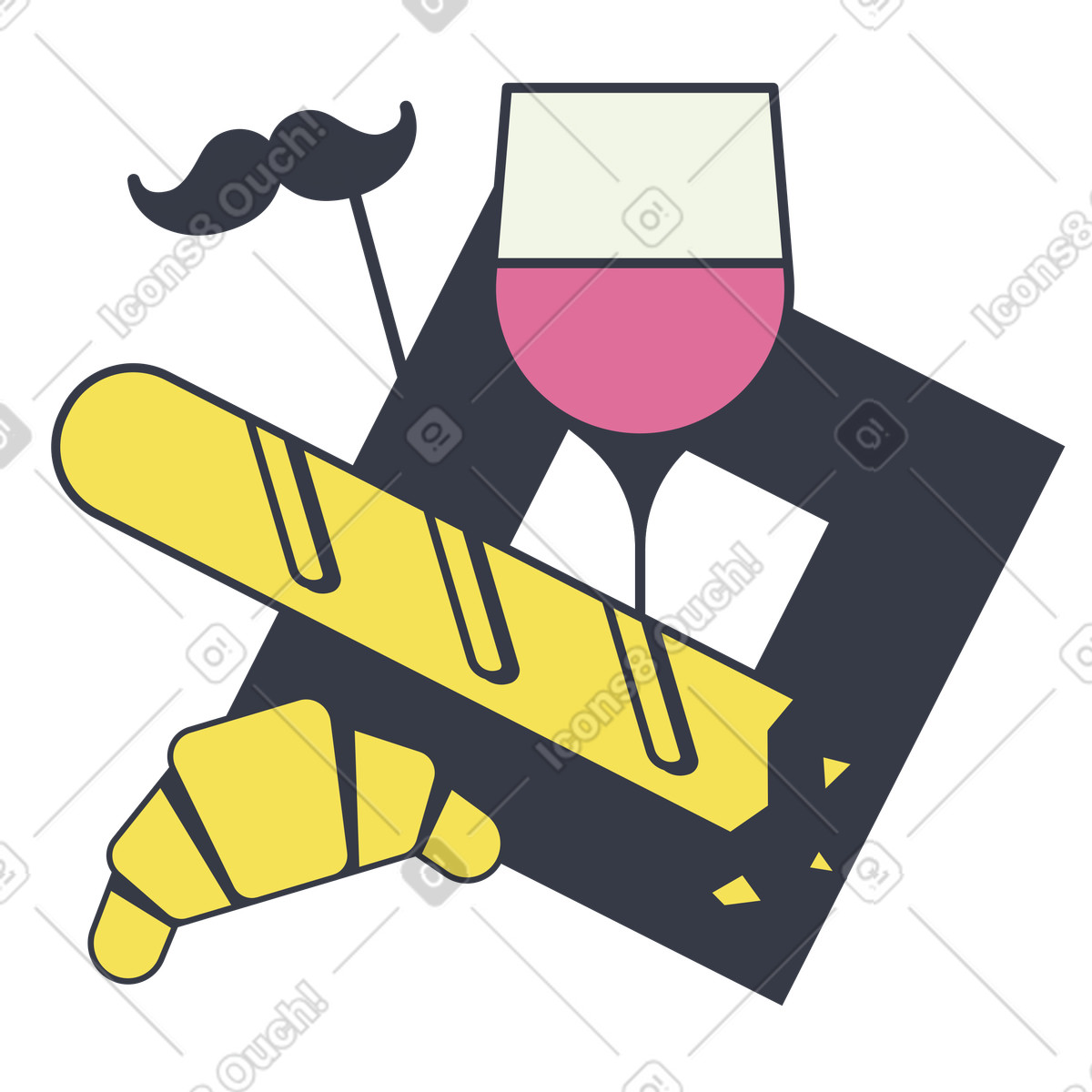 Ein glas wein, französisches baguette, croissant und falscher schnurrbart-Illustration im Abstract-Stil als Download in PNG, SVG