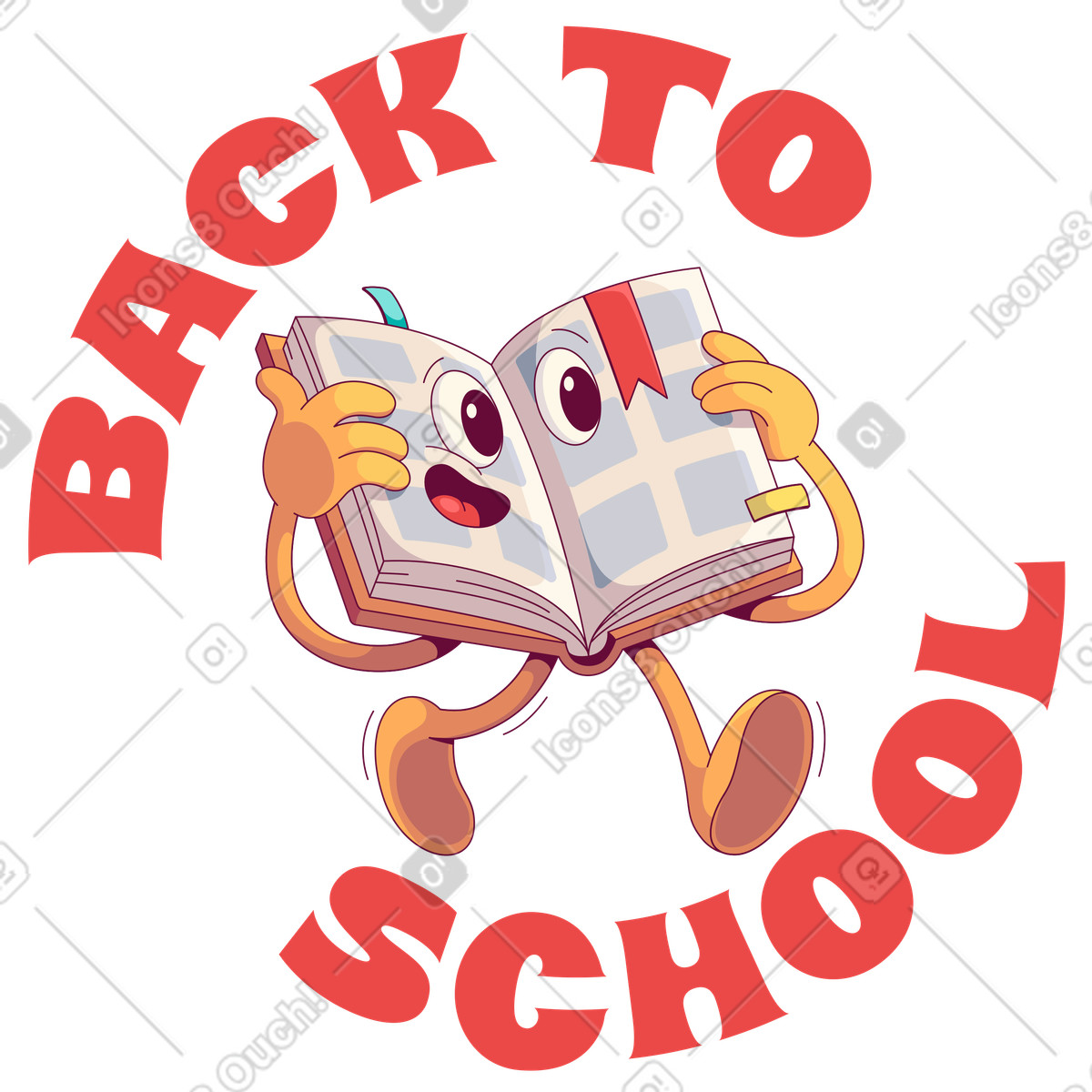 Ilustración Cheerful book with Back to school lettering, Academic kickoff en estilo Handy a descargar en PNG y SVG