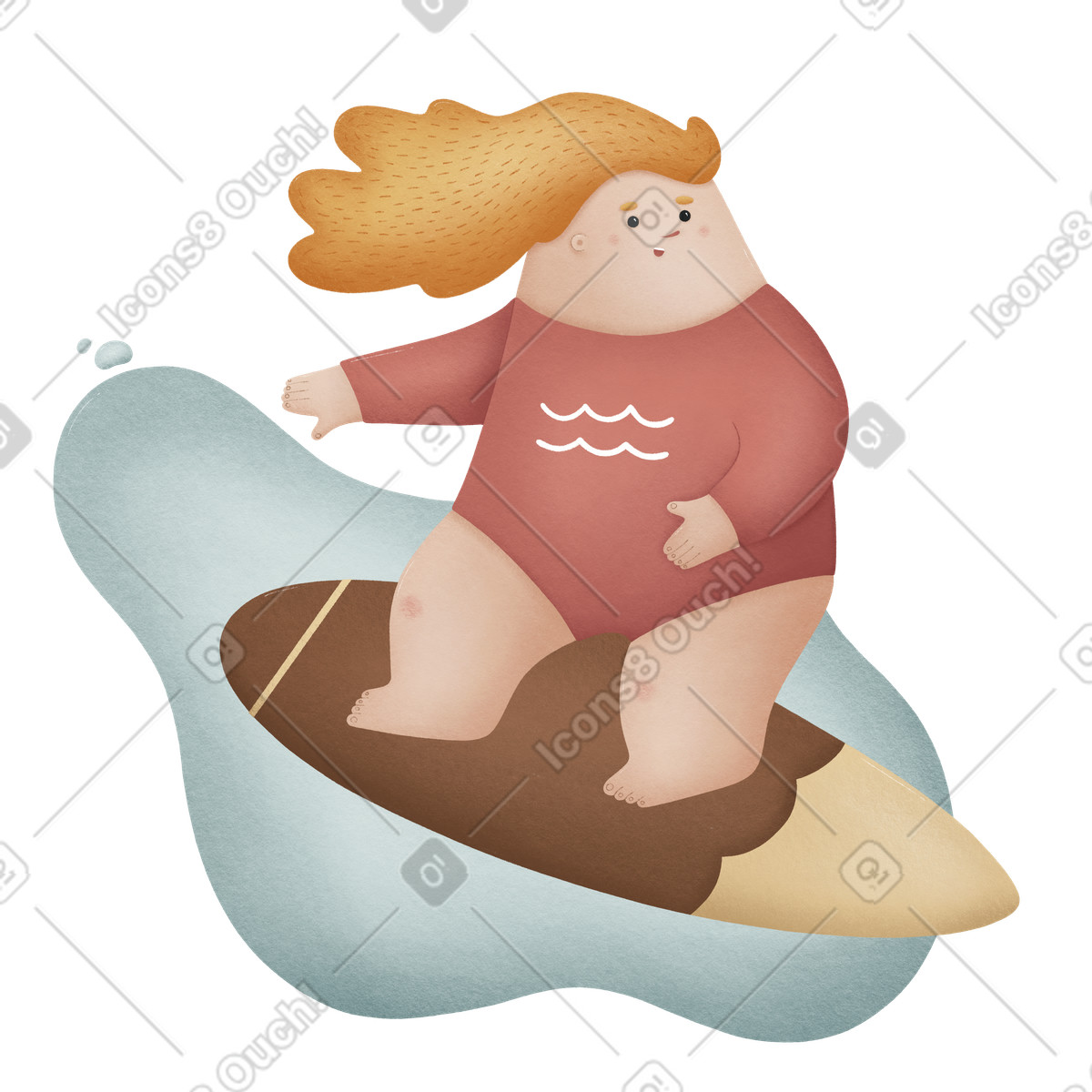 Donna in abiti sportivi che praticano il surf sull'onda illustrazione stile Woolly scarica PNG, SVG