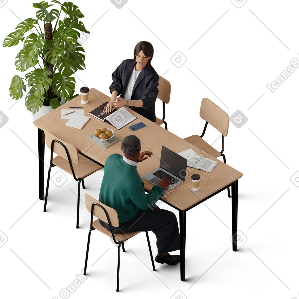Isometric view of a young girl and man working at an office desk illustration clipart in PNG SVG