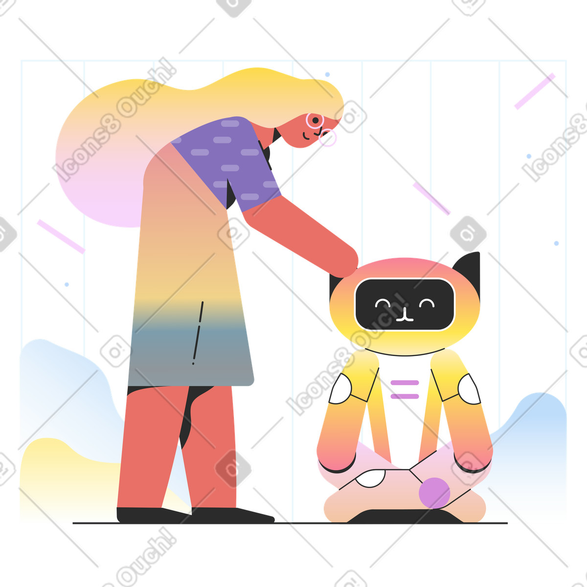 Girl petting a robot cat illustration in Marginalia style download in PNG, SVG