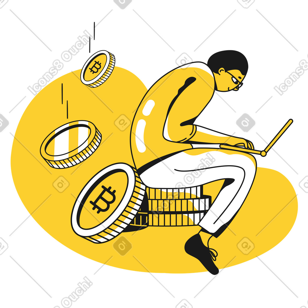 Man sitting on a stack of bitcoins and typing laptop illustration in Taxi style download in PNG, SVG