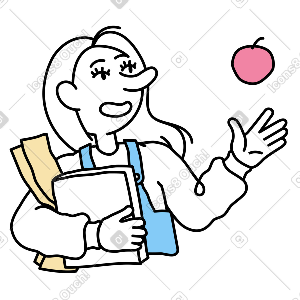 Young woman with apple carrying books illustration in Notes style download in PNG, SVG
