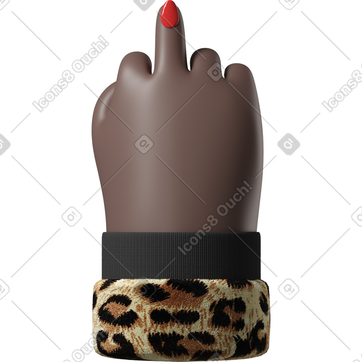 Ilustración Mano de piel negra con una uña pintada rojo en chaqueta leopardo que muestra el dedo medio estilo 3D Hands Fun&Wild a descargar PNG y SVG