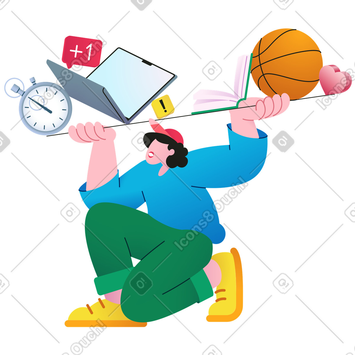 Ilustración Mujer intentando mantener el equilibrio entre vida laboral y personal en estilo Colors a descargar en PNG SVG