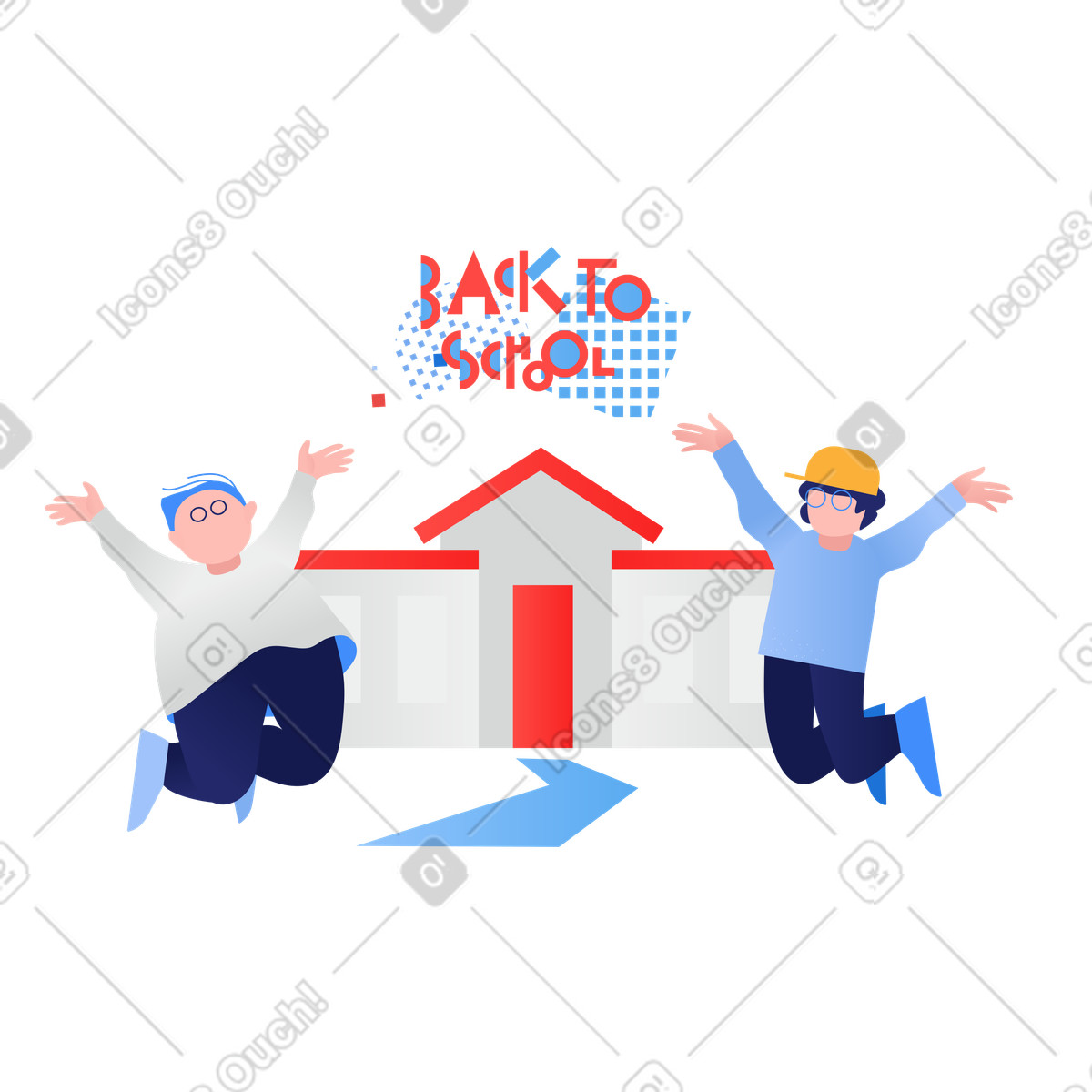 Ilustración Students jumping in front of school building, New academic year excitement en estilo Clip a descargar en PNG y SVG