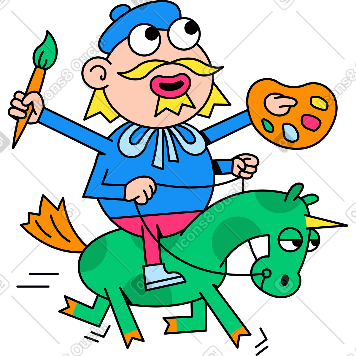 Painter riding a unicorn illustration in vibrant clipart style showcasing creativity