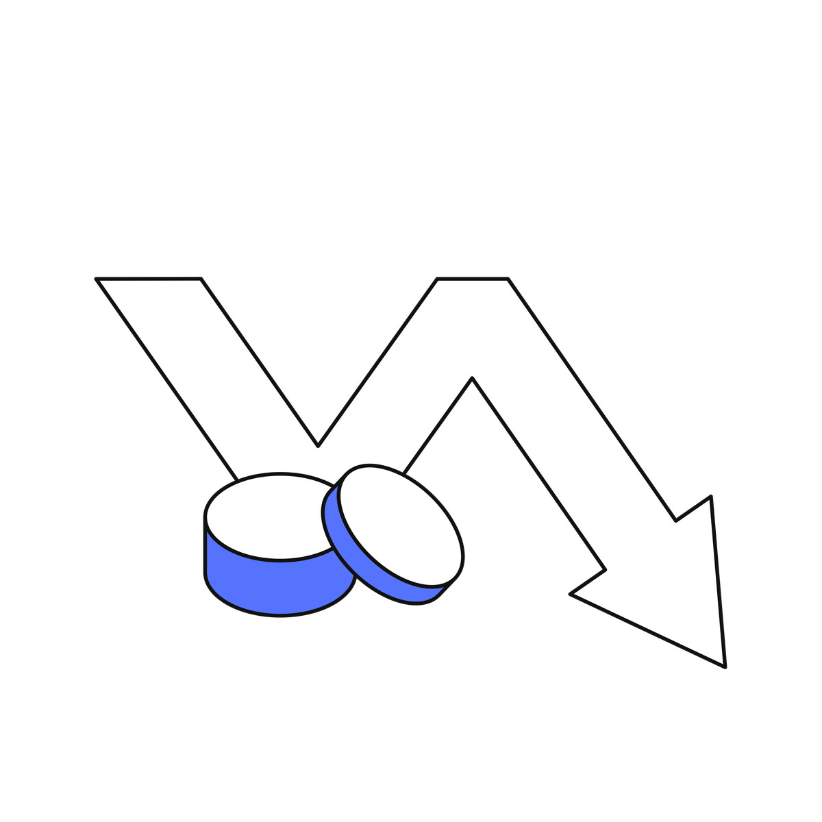 Pills represent decreasing medication costs with downward arrow on black illustration in Main style download in PNG, SVG