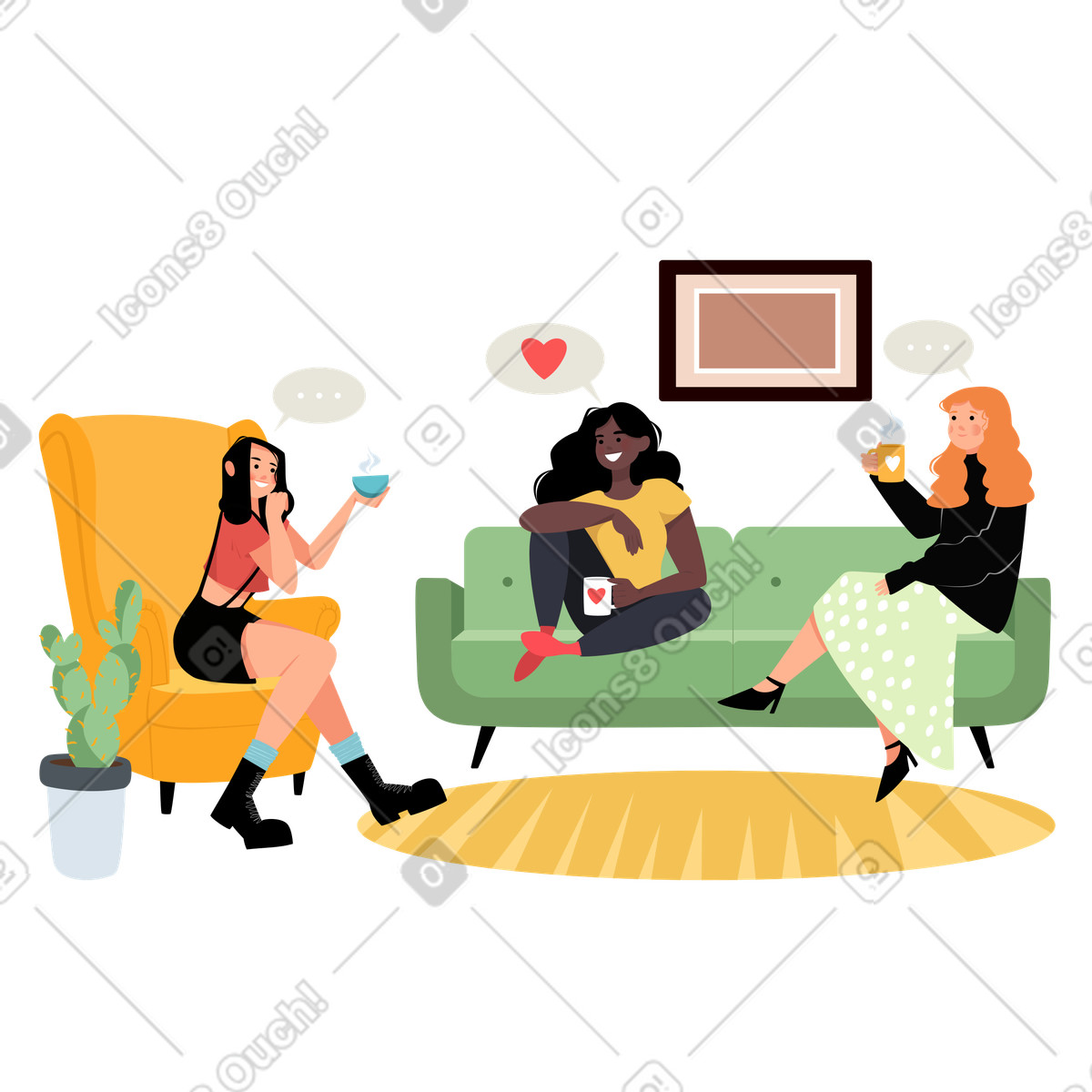 Ilustração de Três amigas bebem chá em casa e conversam no estilo Lagom para baixar PNG, SVG