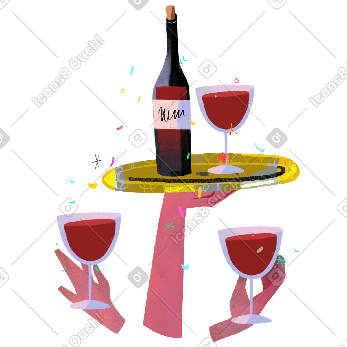 Ilustração de Mão segurando bandeja com garrafa vinho e copos em no estilo Fabulous para baixar em PNG, SVG