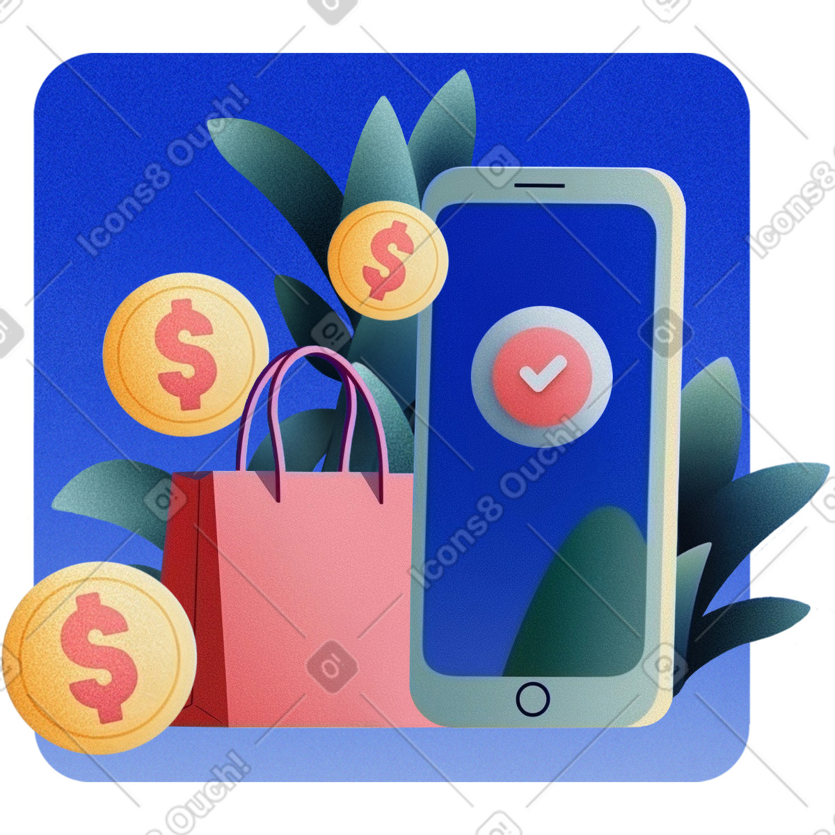 Smartphone with payment checkmark and coins, Mobile payment process for online purchases, E-commerce transaction illustration in PNG, SVG