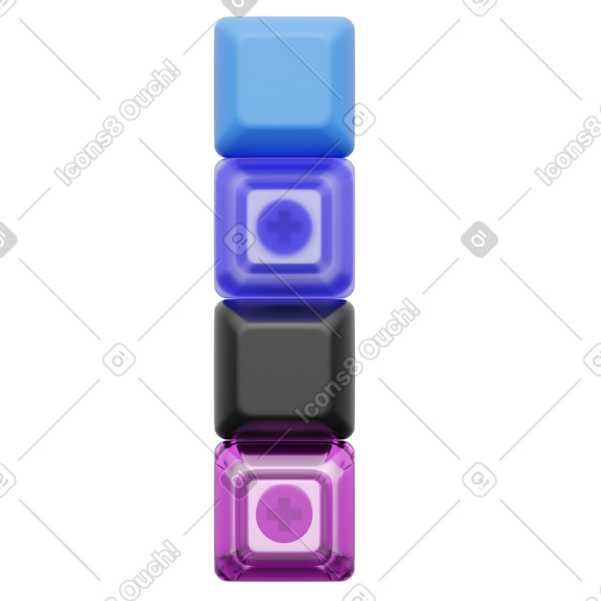 Mechanical keycaps stack, vertical blank and transparent keys, custom keyboard illustration in 3D Playful style download in PNG, SVG