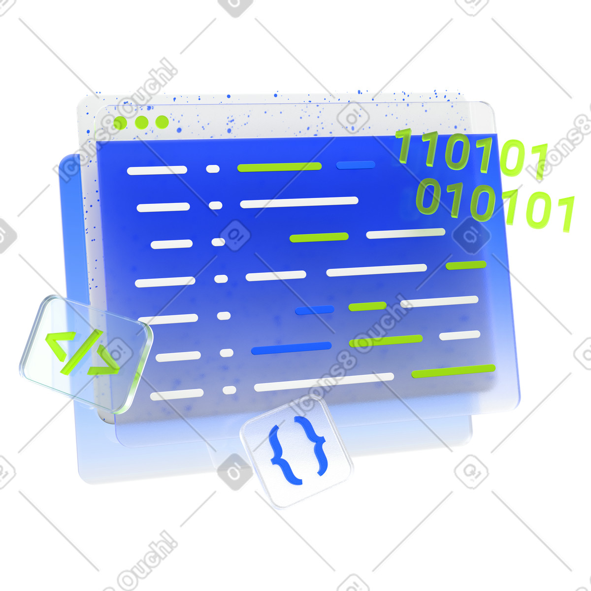 Browser window with code and code symbols illustration in PNG, SVG