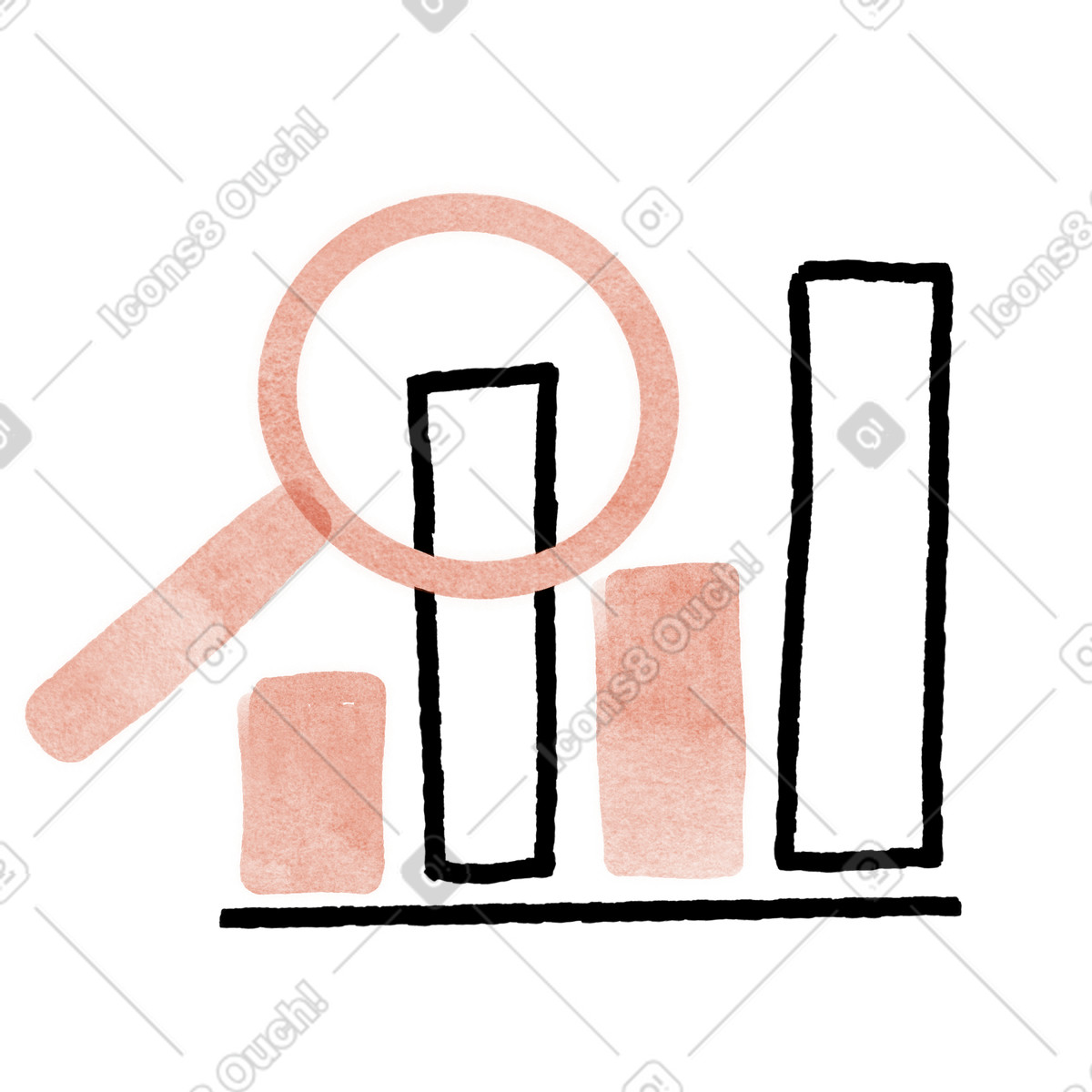 Illustration Magnifying glass analyzing bar chart columns for detailed data insights dans le style Anthropic Claude Hand Drawn à télécharger aux formats PNG, SVG