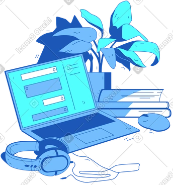 Workspace with laptop and headphones PNG, SVG