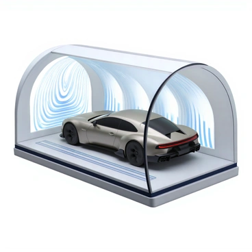 A sleek, futuristic car design is positioned inside a large wind tunnel chamber. The car has a smooth, sculpted body with a shiny metallic finish, showcasing its aerodynamic features, such as a low profile and integrated rear spoiler. Surrounding the car are visual representations of airflow, illustrated by dynamic, flowing streamlines that curve and swirl around the vehicle, indicating the aerodynamic properties being tested. The wind tunnel is a spacious environment, with walls made of transparent material that allow for unobstructed views of the car and airflow patterns.