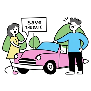 A couple is standing beside a vintage car parked on a winding road. The man is wearing a light blue shirt and dark jeans, with one arm resting on the car's hood. The woman is dressed in a pastel yellow dress, smiling as she holds a playful sign. The sign has "Save the Date" written in bold letters. In the background, there are green trees and a clear blue sky. The vintage car, colored in bright red, has a shiny chrome bumper and classic round headlights.