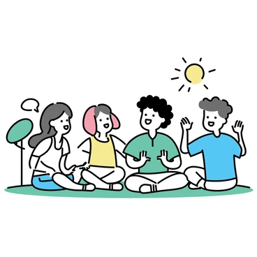 A group of four friends, two men and two women, are sitting together on a grassy area in a sunny park. One man with short brown hair is wearing a blue t-shirt and light jeans, laughing with a wide smile. The other man has curly black hair, wearing a green polo shirt and shorts, his hands raised in an animated gesture. One woman, with long straight hair tied back, is wearing a bright yellow dress, looking at the others with a joyful expression. The second woman has wavy red hair and is dressed in a white tank top with denim shorts, laughing heartily. In the background, there are a few trees and a clear blue sky with a bright sun shining down.