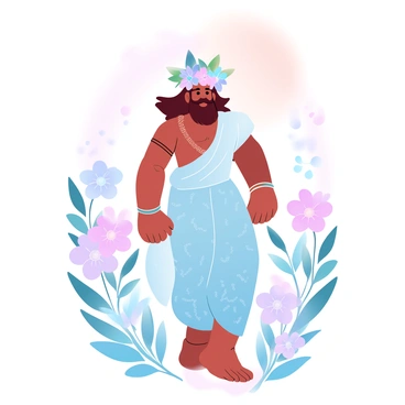 Mahabali is depicted wearing an elaborate crown made of various colorful flowers, each petal vibrant and full of life. He is dressed in traditional attire with intricate patterns that reflect his regal status. The background features a blooming field filled with a diverse array of flowers in full bloom, showcasing a variety of colors and shapes. The sun casts a warm glow over the scene, enhancing the lively atmosphere of the field as Mahabali strides confidently through the flowers.