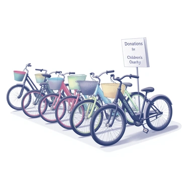A row of bicycles lined up for donation. Each bicycle has distinct features, such as varying handlebar designs, different seat styles, and unique wheel sizes. The bicycles are arranged in an orderly manner, showcasing their bright frames and various accessories. Some bicycles have colorful baskets attached to the front, while others have playful decals or stickers. The setting is an outdoor area, suggesting a community event, with a clear sky in the background. A sign nearby reads "Donations for Children's Charity" in bold letters.