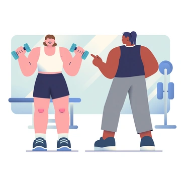 A beginner with fair skin and short brown hair is standing in a gym, focused on learning an exercise. They are holding a pair of light blue dumbbells in each hand, arms raised to shoulder height as they perform front raises. A coach, with dark skin and a ponytail, stands beside them, demonstrating the correct posture. The coach is wearing a black tank top and gray workout pants, providing guidance by pointing at the beginner's elbows. In the background, there are machines and weights neatly arranged, along with a mirror reflecting the scene. The gym is brightly lit, emphasizing the determination on the beginner's face.