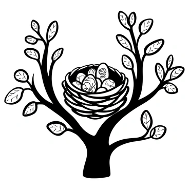 A bird nest constructed with twigs and soft materials is perched among the branches of a tree. The nest is filled with eggs of various shapes and sizes, displaying intricate patterns in black and white. Surrounding the nest, the tree branches have textured bark, and leaves are depicted with detailed veins. The setting creates a sense of natural harmony among the elements.