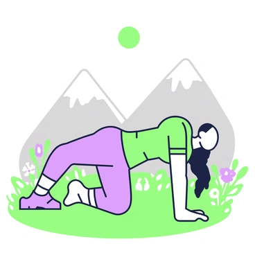A person is performing knee push-ups on a grassy surface. The individual has a determined expression, wearing a fitted athletic outfit that includes a short-sleeve shirt and leggings. In the background, there are towering mountains with rugged peaks. The sky above is clear, and the sun casts soft shadows on the ground. A few wildflowers are blooming nearby, adding to the natural setting. The person's arms are bent at the elbows as they push their body upward, demonstrating strength and focus.