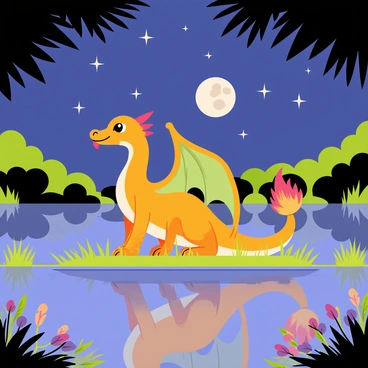 Charizard's reflection in a calm lake under a starry night sky