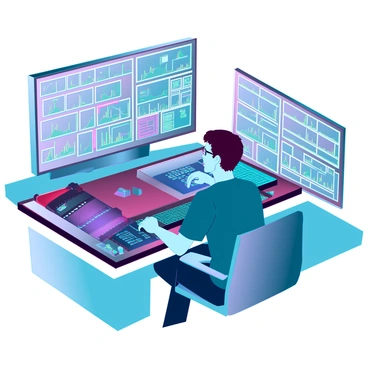 A film editor with short brown hair and glasses is focused on a large editing console. Various screens displaying colorful film clips surround him, casting a soft glow on his face. He is seated in a modern chair with a roll of film strip scattered across the desk, emphasizing the movie editing process. The room has a high-tech ambiance, featuring illuminated panels and an array of editing tools neatly organized nearby. The editor appears deep in concentration, adjusting controls with one hand while the other hovers over a keyboard.