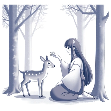 A miko dressed in traditional garments is kneeling beside a small deer in a sacred grove. The miko has her long hair adorned with a simple hairpin and is reaching out gently with one hand. The deer, with soft features and large eyes, stands calmly, looking up at the miko. Surrounding them are tall trees with intricate bark patterns and dappled light filtering through the leaves, creating a tranquil atmosphere. The ground is covered in a mix of leaves and soft moss, enhancing the serene setting of the grove.