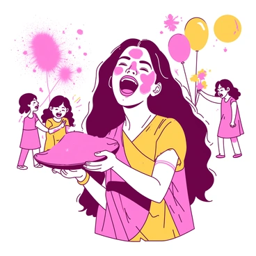 An Indian girl with long black hair is adorned in traditional clothing, excitedly laughing during the Holi festival. Her face and arms are covered in vibrant powders of color, blending shades of pink and yellow. She is surrounded by a festive atmosphere, with colorful balloons and streamers in the background. A few other children can be seen in the distance, also throwing powders and celebrating joyfully. The sun is shining brightly, illuminating the fun and energy of the celebration.