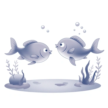 A pair of whimsical fish swimming playfully through a vibrant underwater scene. The Pisces fish have rounded bodies and delightful, exaggerated fins that create a sense of movement as they dart through the water. Surrounding them are small, cheerful bubbles rising towards the surface. Various aquatic plants sway gently in the currents, while a sandy ocean floor can be seen below. The overall atmosphere conveys a sense of joy and liveliness as the fish interact with each other in their vibrant environment.