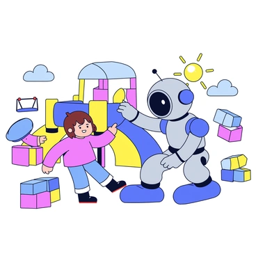 A child with short brown hair is playing with a friendly robot in a colorful playground. The robot has a round head, large expressive eyes, and a smooth metallic body, with bright blue accents. The playground features various structures, including a slide and climbing frame, all designed with vibrant colors. There are large blocks and swings scattered around, enhancing the playful atmosphere. The sky is clear and sunny, adding to the cheerful setting.