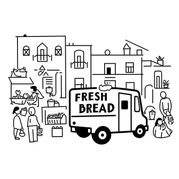 A bread truck parked at a traditional open-air market. The truck is adorned with a sign that reads "Fresh Bread" in bold lettering. Surrounding the truck are various stalls displaying an array of colorful fruits and vegetables. People are browsing the market, some carrying bags filled with produce. The architecture of the Mediterranean town is visible in the background, featuring stone buildings with wrought-iron balconies. A few potted plants are placed around the market area. The atmosphere is bustling with activity as townsfolk interact and shop.