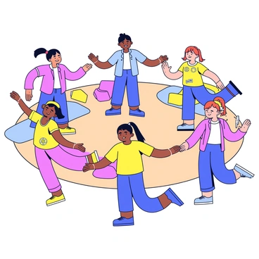 A group of five fitness enthusiasts is participating in an exercise class at a gym. Each person is dressed in colorful workout attire. They are all standing in a circle, performing synchronized arm circles. The individuals are smiling and focused, with their arms extended out to the sides, making wide circular motions. In the background, there are gym mats and exercise equipment, such as dumbbells and yoga blocks, adding to the gym environment. The floor is a light wooden surface, and the walls are painted in bright, energizing colors.