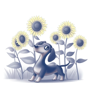 A dachshund with a long body and short legs is playfully peeking out from behind a tall sunflower. The dog's ears are perked up, showcasing its curiosity, while its snout is slightly raised. The field is filled with numerous sunflowers, their large, round faces turned towards the sun. The contrasting height of the sunflowers creates a vibrant backdrop, highlighting the dachshund's playful expression as it gazes out from the foliage.