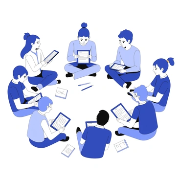 A group of students is sitting in a circle on a classroom floor. Each student has a tablet in front of them, actively engaged in collaborative learning. The tablets display various educational apps and documents. Some students are leaning towards each other, discussing ideas, while others are focused on their screens. The atmosphere shows a sense of teamwork, with notebooks and pens scattered around the circle. The students represent diverse backgrounds, showcasing a variety of hair styles and clothing.
