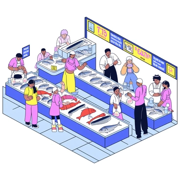 The interior of a fish market filled with various types of fish displayed on ice. There are large, shiny fish like salmon and tuna, as well as smaller varieties like sardines and mackerel. Fishmongers in white aprons are behind the counters, skillfully preparing fish. There are colorful signs indicating prices and types of fish. The market has a tiled floor and is well-lit, enhancing the vibrant colors of the fish. Customers are moving around, selecting their purchases, and chatting with the vendors.